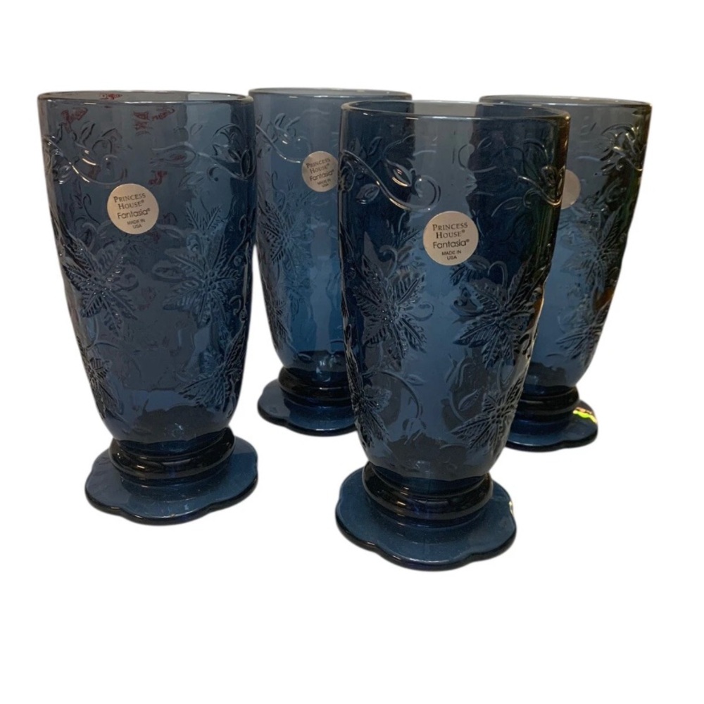 Princess House 5254 Fantasia Set 4 SAPPHIRE BLUE CRYSTAL TUMBLERS GLASSES In Box - Picture 3 of 11